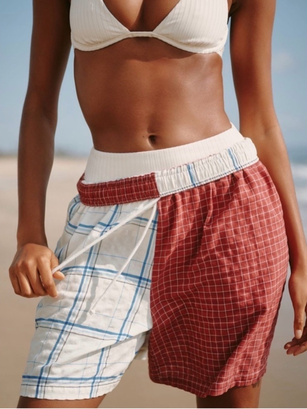 Anthropologie Celandine Drawstring Shorts Red Blue plaid NWT Sz Large Elastic - Picture 2 of 7
